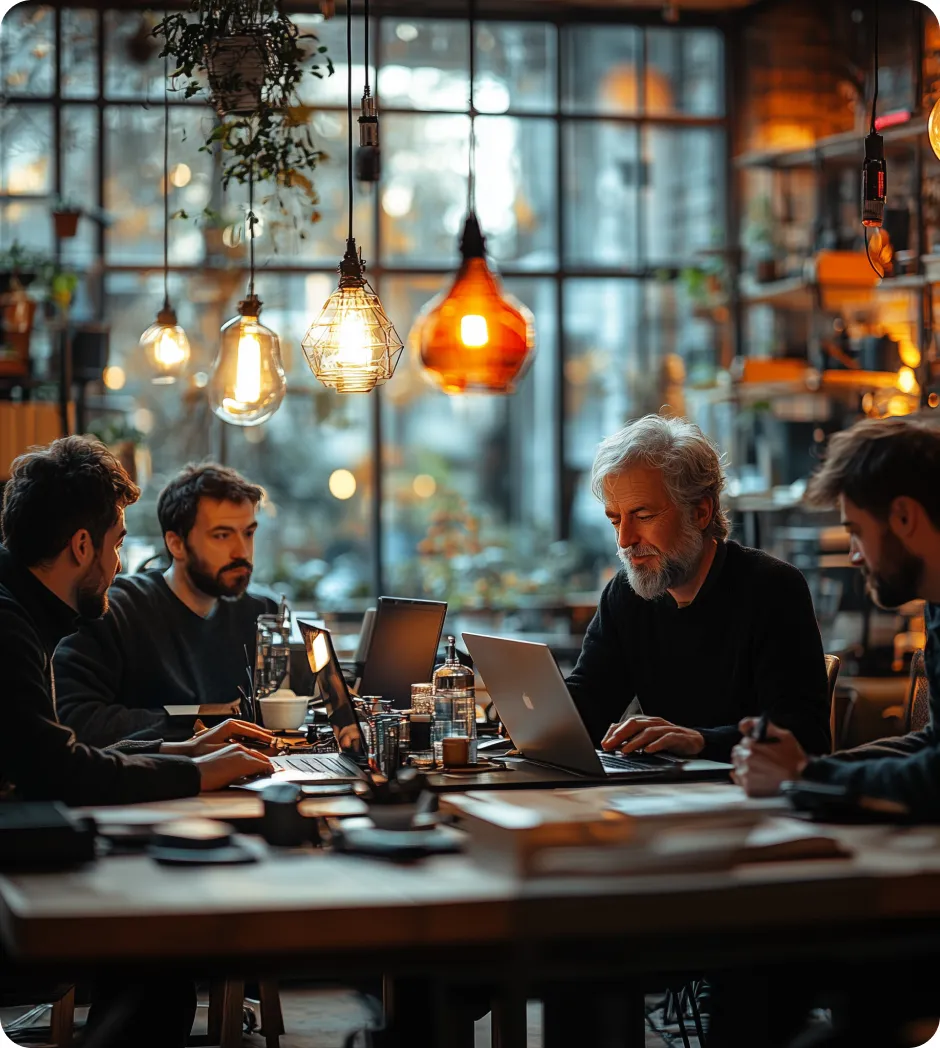 Specialists on a table wokring on their laptos and talking to each other