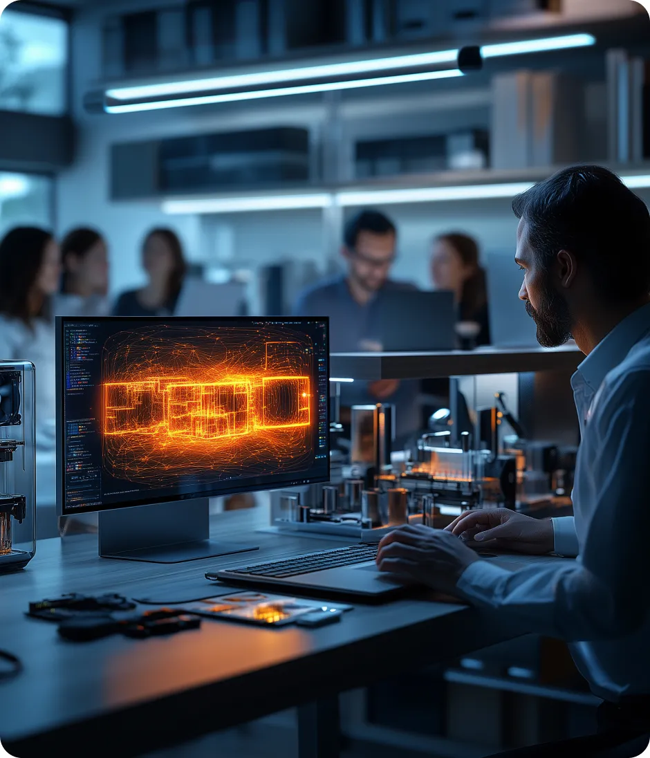 Person in a high tech office environment wotking on his computer